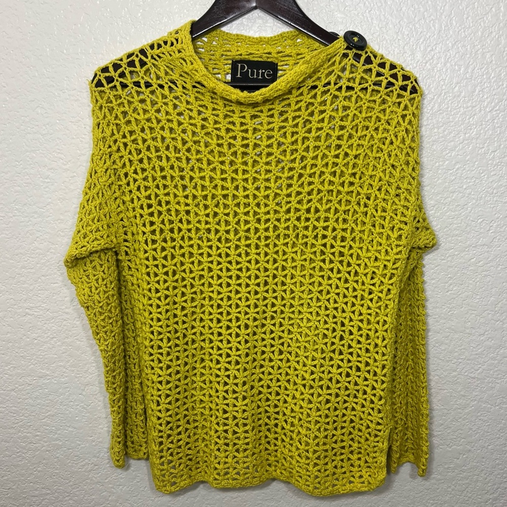 Pure Hand Knit Yellow Green Fishnet Mesh Cotton Y2K Sweater Size XS/S